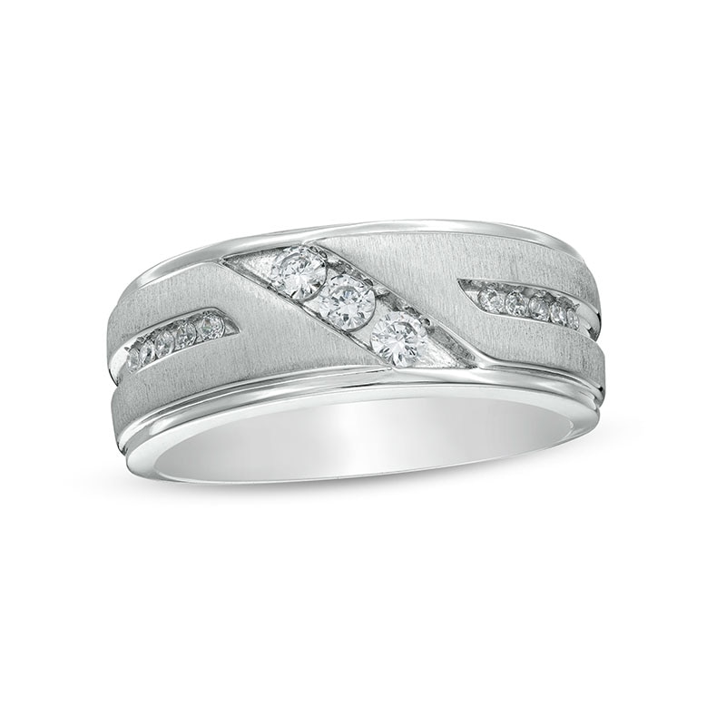 Main Image 1 of Previously Owned - 1/3 CT. T.W. Diamond Three Stone Slant Wedding Band in 10K White Gold