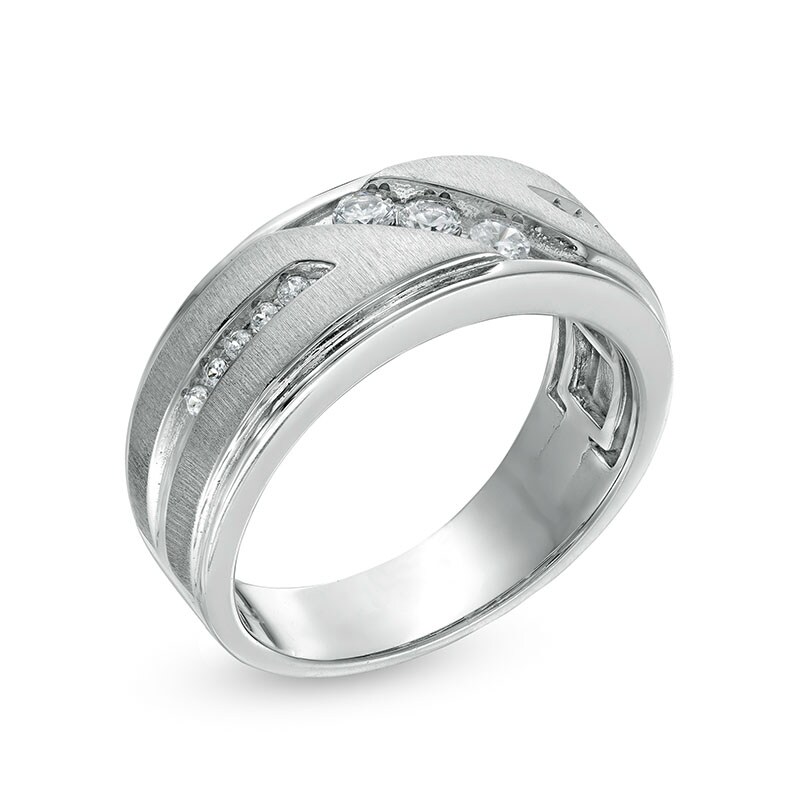 Main Image 3 of Previously Owned - 1/3 CT. T.W. Diamond Three Stone Slant Wedding Band in 10K White Gold