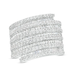 Previously Owned - 2 CT. T.W. Baguette and Round Diamond Spiral Multi-Row Ring in 10K White Gold