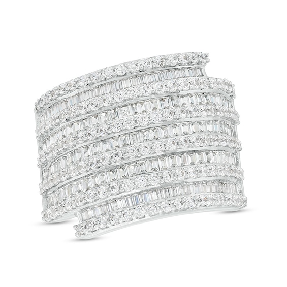 Previously Owned - 2 CT. T.w. Baguette and Round Diamond Spiral Multi-Row Ring in 10K White Gold