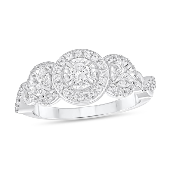 Previously Owned - 1/2 CT. T.w. Diamond Frame Three Stone Twist Shank Engagement Ring in 10K White Gold