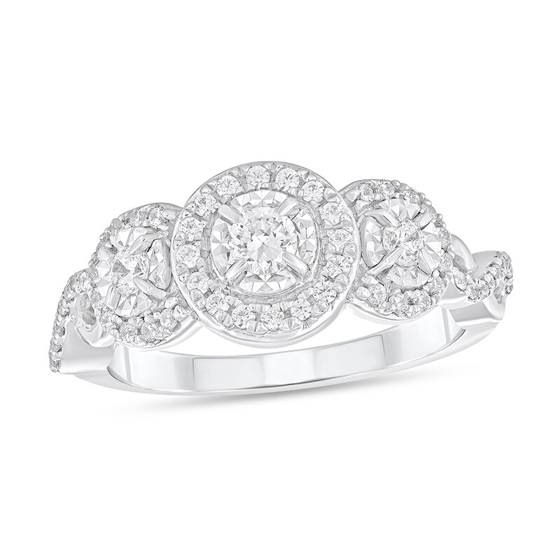 Main Image 1 of Previously Owned - 1/2 CT. T.W. Diamond Frame Three Stone Twist Shank Engagement Ring in 10K White Gold