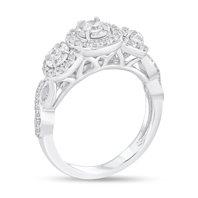 Main Image 2 of Previously Owned - 1/2 CT. T.W. Diamond Frame Three Stone Twist Shank Engagement Ring in 10K White Gold