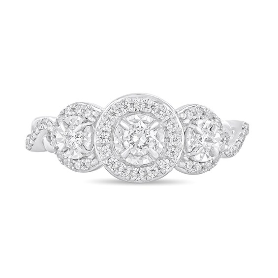 Previously Owned - 1/2 CT. T.w. Diamond Frame Three Stone Twist Shank Engagement Ring in 10K White Gold