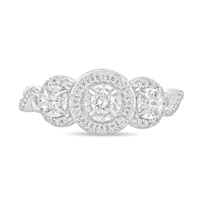 Main Image 3 of Previously Owned - 1/2 CT. T.W. Diamond Frame Three Stone Twist Shank Engagement Ring in 10K White Gold