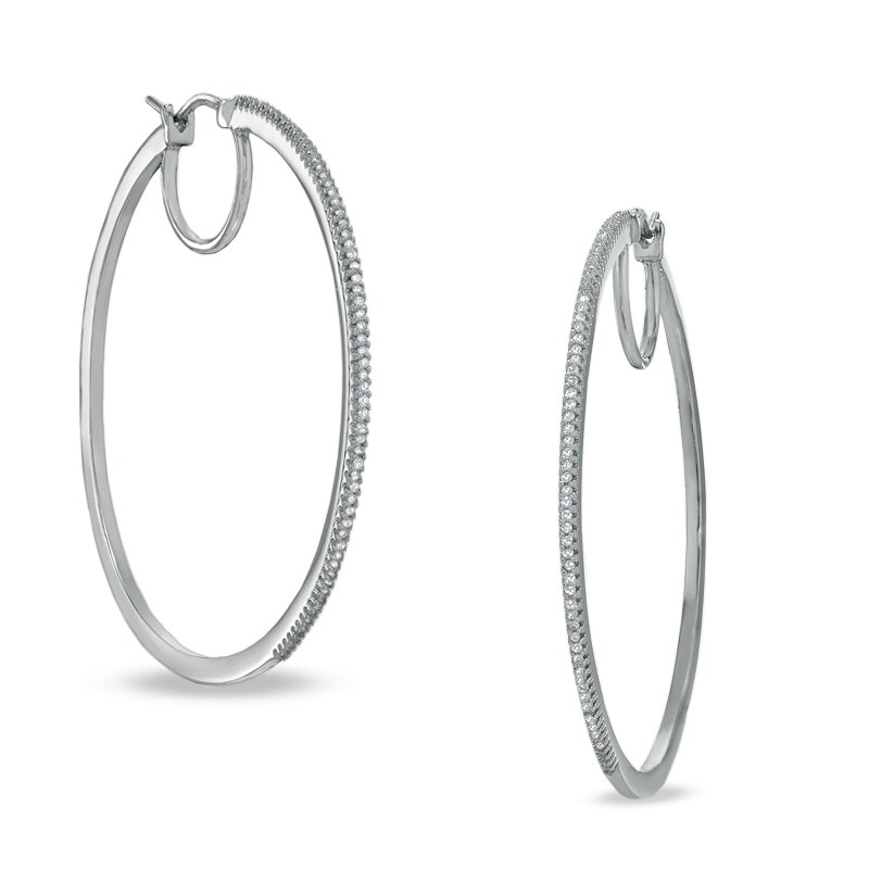 Main Image 1 of Previously Owned - 3/8 CT. T.W. Diamond Classic Hoop Earrings in Sterling Silver
