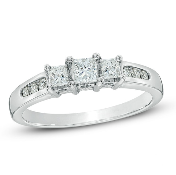 Previously Owned - 1/2 CT. T.w. Princess-Cut Diamond Past Present FutureÂ® Ring in 14K White Gold
