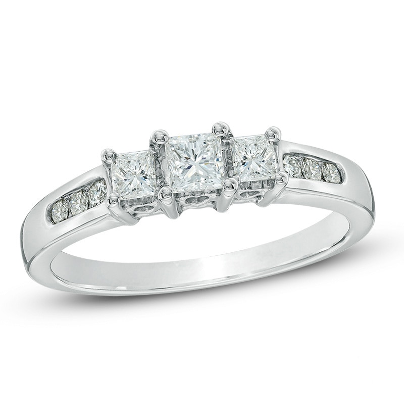 Main Image 1 of Previously Owned - 1/2 CT. T.W. Princess-Cut Diamond Past Present Future® Ring in 14K White Gold