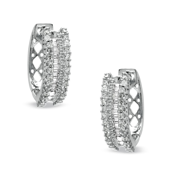 Previously Owned - 1/2 CT. T.w. Round and Baguette Diamond Hoop Earrings in 10K White Gold