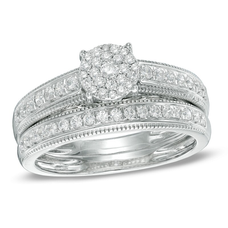 Main Image 1 of Previously Owned - 1/2 CT. T.W. Multi-Diamond Vintage-Style Bridal Set in 10K White Gold