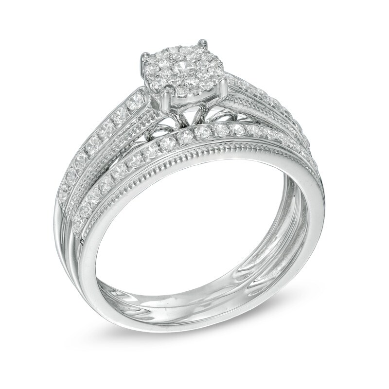 Main Image 2 of Previously Owned - 1/2 CT. T.W. Multi-Diamond Vintage-Style Bridal Set in 10K White Gold