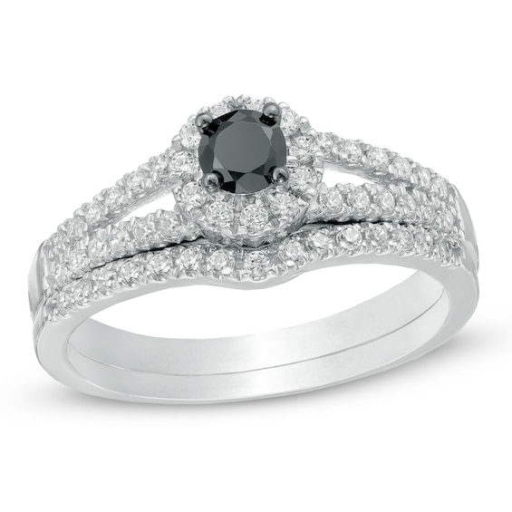 Previously Owned - 1/2 CT. T.w. Enhanced Black and White Diamond Split Shank Bridal Set in 10K White Gold