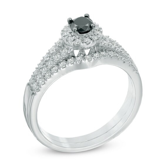 Previously Owned - 1/2 CT. T.w. Enhanced Black and White Diamond Split Shank Bridal Set in 10K White Gold