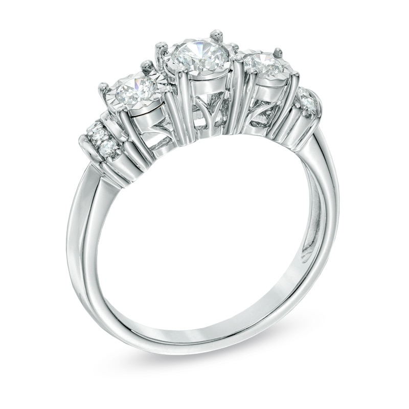 Main Image 2 of Previously Owned - 1/2 CT. T.W. Diamond Collar Past Present Future® Ring in 10K White Gold