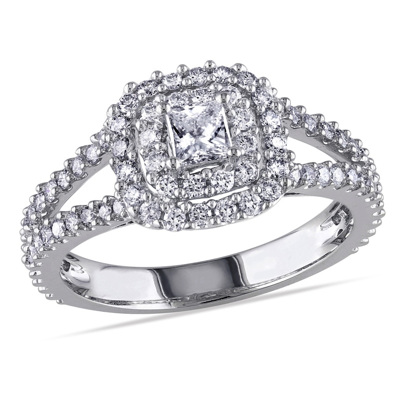 Main Image 1 of Previously Owned - 1 CT. T.W. Princess-Cut Diamond Double Frame Split Shank Engagement Ring in 14K White Gold