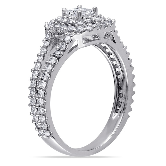 Previously Owned - 1 CT. T.w. Princess-Cut Diamond Double Frame Split Shank Engagement Ring in 14K White Gold