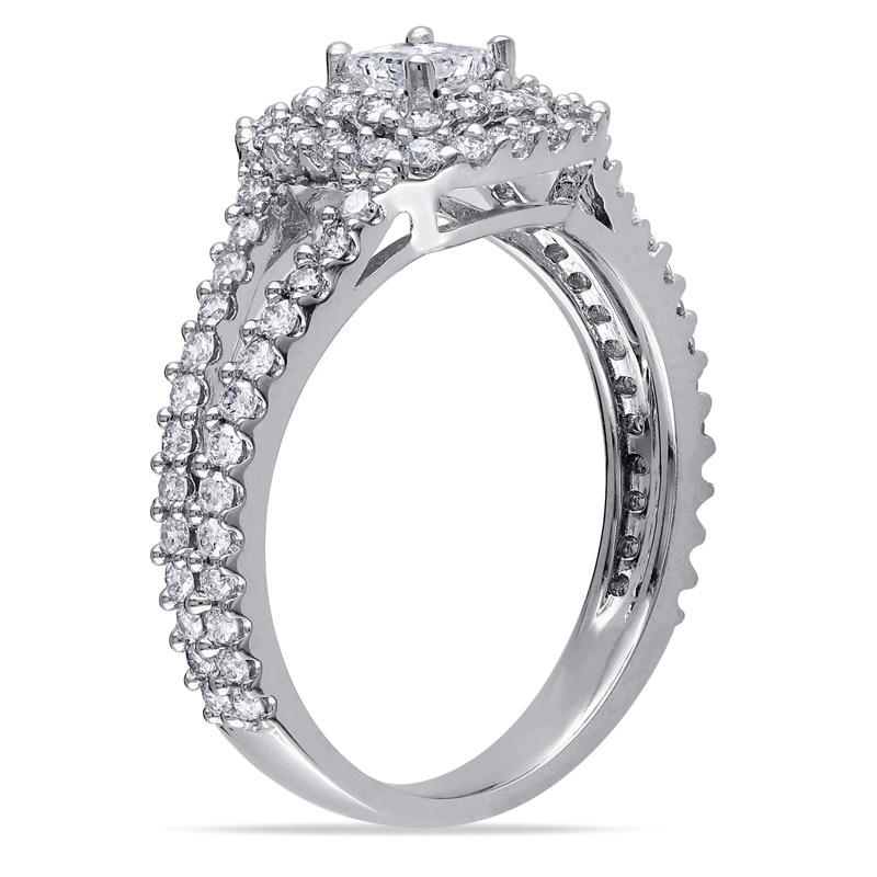 Main Image 2 of Previously Owned - 1 CT. T.W. Princess-Cut Diamond Double Frame Split Shank Engagement Ring in 14K White Gold