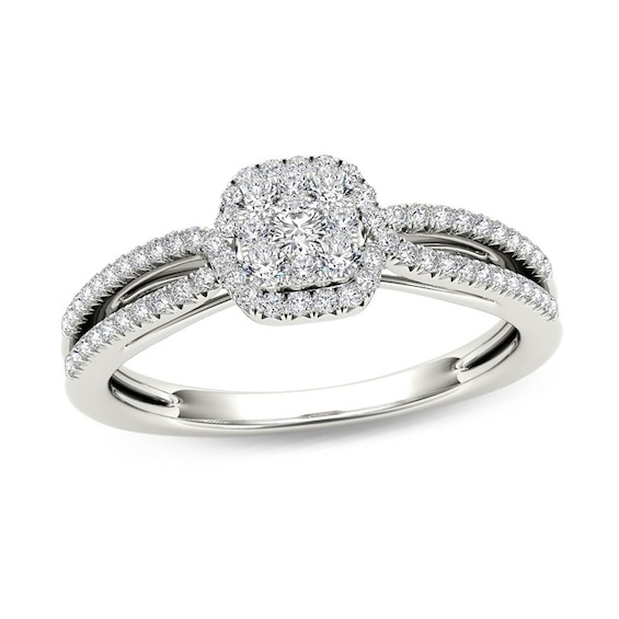 Previously Owned - 3/8 CT. T.w. Cushion-Shaped Multi-Diamond Frame Split Shank Engagement Ring in 14K White Gold