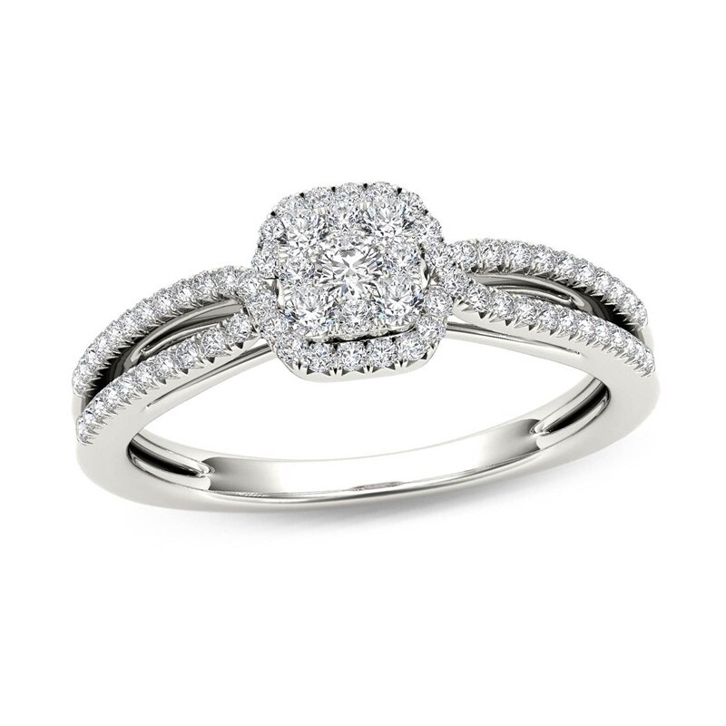 Main Image 1 of Previously Owned - 3/8 CT. T.W. Cushion-Shaped Multi-Diamond Frame Split Shank Engagement Ring in 14K White Gold