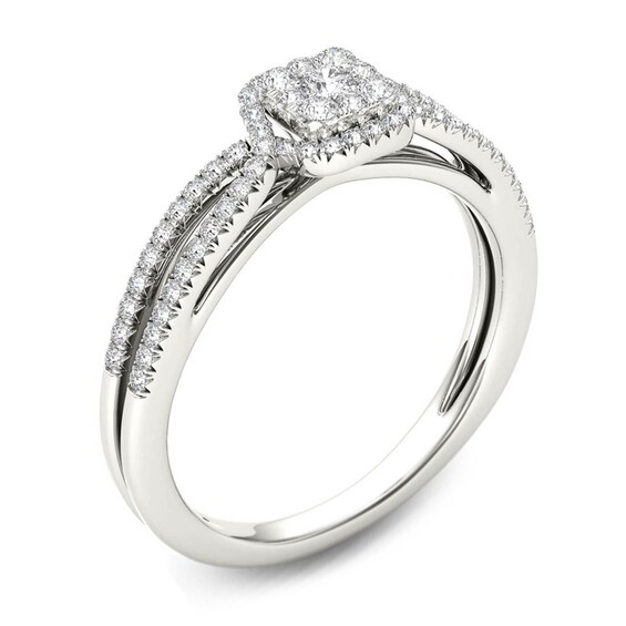 Previously Owned - 3/8 CT. T.w. Cushion-Shaped Multi-Diamond Frame Split Shank Engagement Ring in 14K White Gold