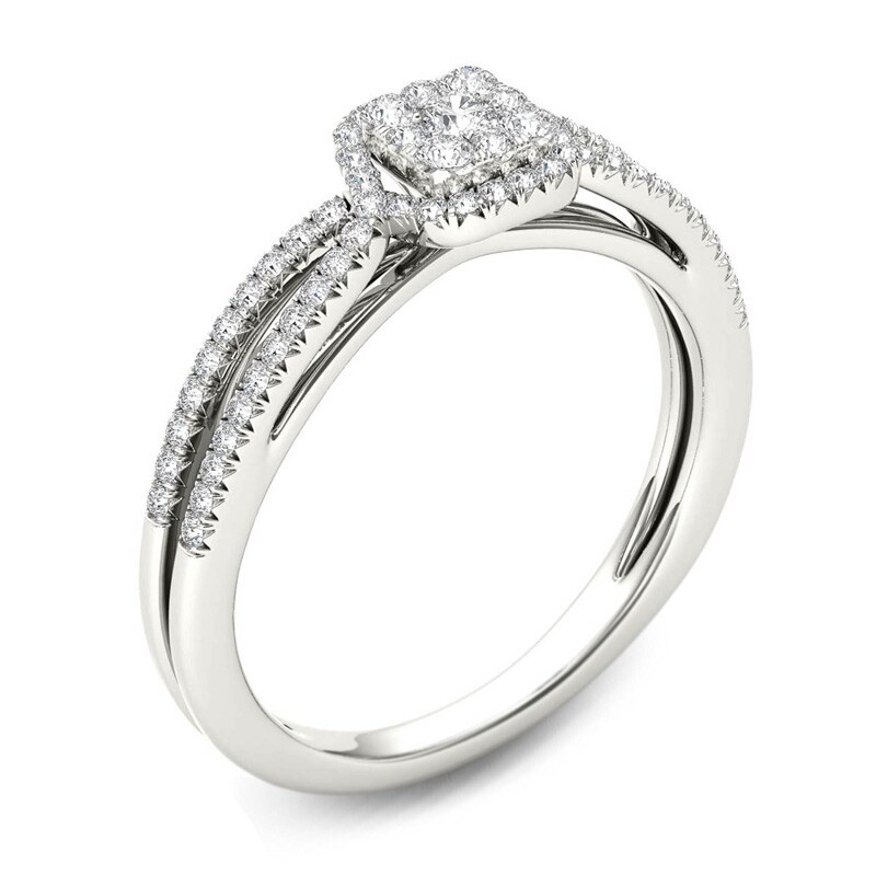 Main Image 2 of Previously Owned - 3/8 CT. T.W. Cushion-Shaped Multi-Diamond Frame Split Shank Engagement Ring in 14K White Gold