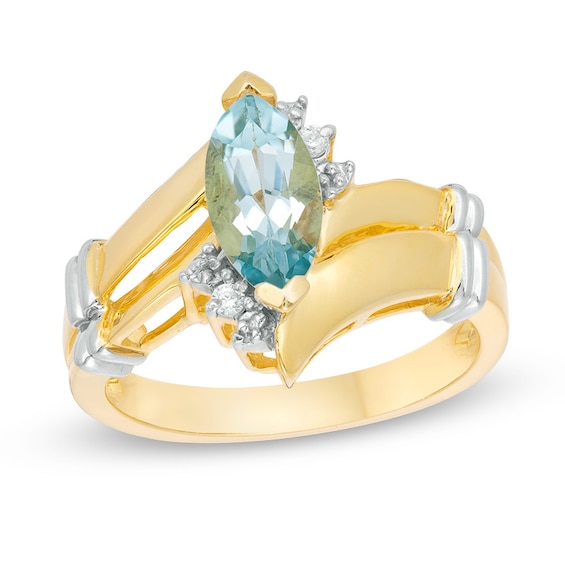 Previously Owned - Marquise Simulated Aquamarine and Diamond Accent Collared Double Row Bypass Ring in 10K Two-Tone Gold
