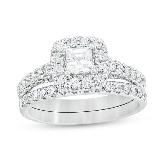 Previously Owned - 1-3/8 CT. T.w. Princess-Cut Diamond Frame Bridal Set in 14K White Gold