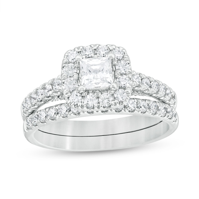 Main Image 1 of Previously Owned - 1-3/8 CT. T.W. Princess-Cut Diamond Frame Bridal Set in 14K White Gold