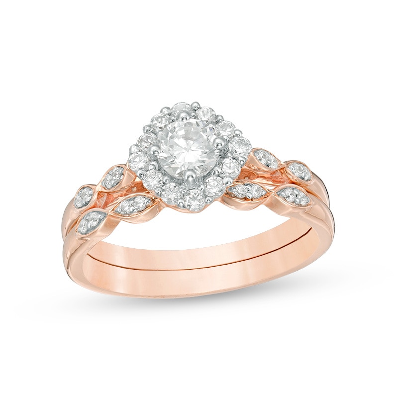 Main Image 1 of Previously Owned - 5/8 CT. T.W. Diamond Tilted Cushion Frame Bridal Set in 10K Rose Gold