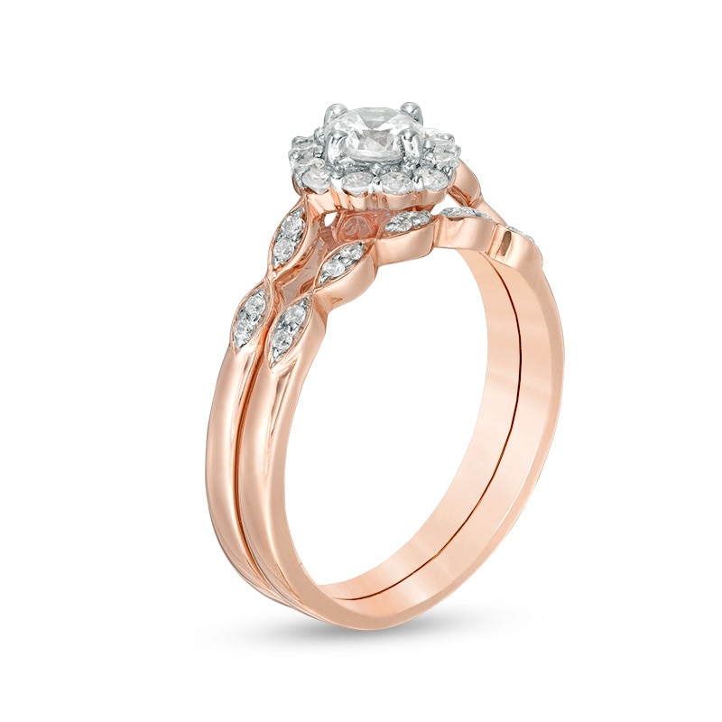 Main Image 2 of Previously Owned - 5/8 CT. T.W. Diamond Tilted Cushion Frame Bridal Set in 10K Rose Gold