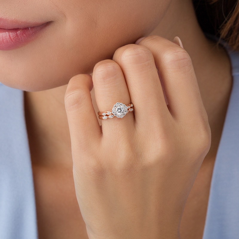 Main Image 3 of Previously Owned - 5/8 CT. T.W. Diamond Tilted Cushion Frame Bridal Set in 10K Rose Gold