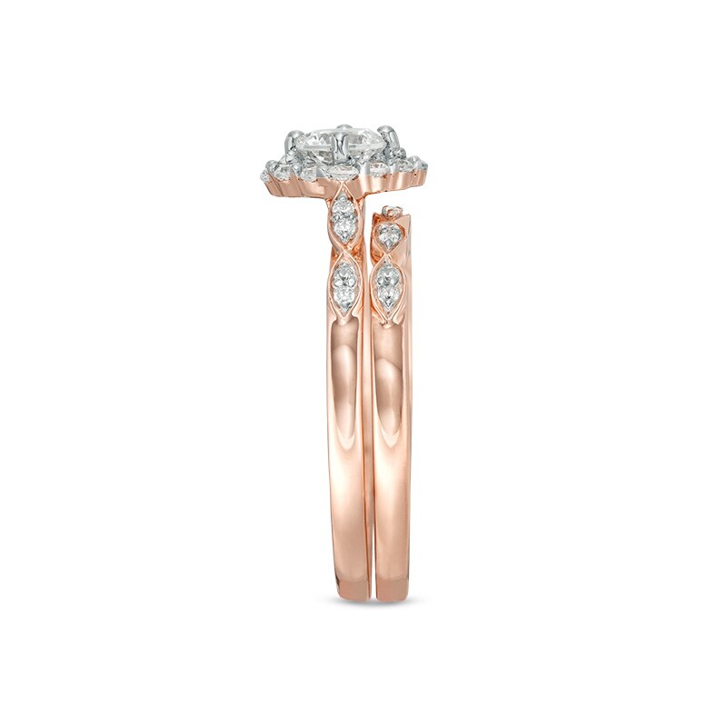 Main Image 4 of Previously Owned - 5/8 CT. T.W. Diamond Tilted Cushion Frame Bridal Set in 10K Rose Gold