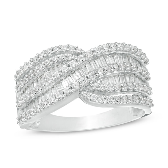 Previously Owned - 1 CT. T.w. Baguette and Round Diamond Multi-Row Crossover Ring in 10K White Gold