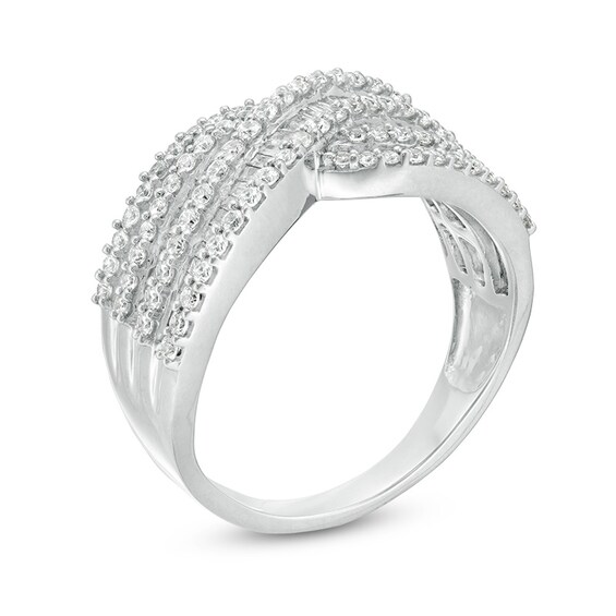 Previously Owned - 1 CT. T.w. Baguette and Round Diamond Multi-Row Crossover Ring in 10K White Gold