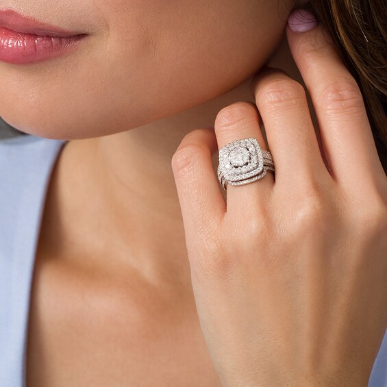 Previously Owned - 2 CT. T.w. Diamond Double Cushion Frame Bridal Set in 10K White Gold