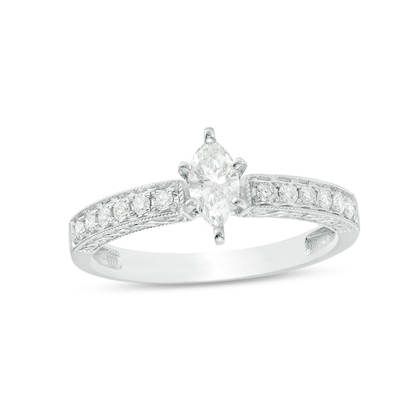 Previously Owned - 1/2 CT. T.w. Marquise Diamond Filigree Vintage-Style Engagement Ring in 14K White Gold (I/I1)