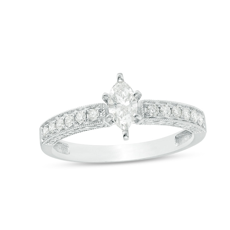 Main Image 1 of Previously Owned - 1/2 CT. T.W.  Marquise Diamond Filigree Vintage-Style Engagement Ring in 14K White Gold (I/I1)