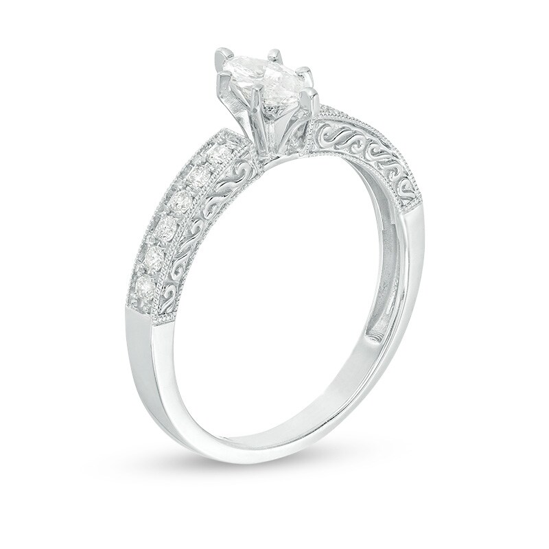 Main Image 3 of Previously Owned - 1/2 CT. T.W.  Marquise Diamond Filigree Vintage-Style Engagement Ring in 14K White Gold (I/I1)