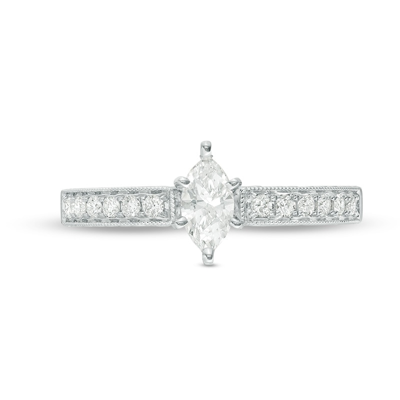 Main Image 4 of Previously Owned - 1/2 CT. T.W.  Marquise Diamond Filigree Vintage-Style Engagement Ring in 14K White Gold (I/I1)