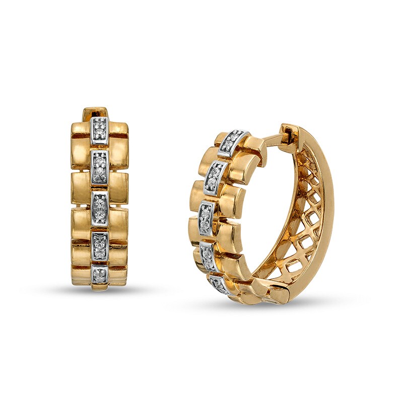 Main Image 1 of Previously Owned - 1/20 CT. T.W. Diamond Triple Row Link Chain Huggie Hoop Earrings in 10K Two-Tone Gold