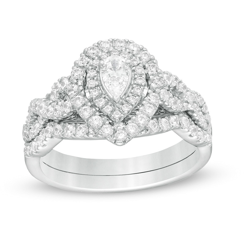 Main Image 1 of Previously Owned - 1 CT. T.W. Pear-Shaped Diamond Double Frame Twist Shank Bridal Set in 14K White Gold