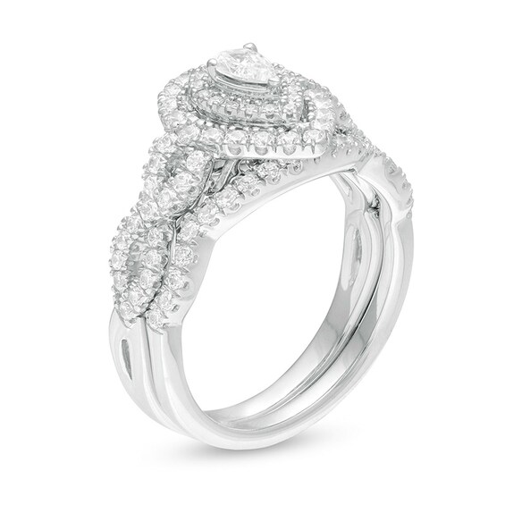 Previously Owned - 1 CT. T.w. Pear-Shaped Diamond Double Frame Twist Shank Bridal Set in 14K White Gold