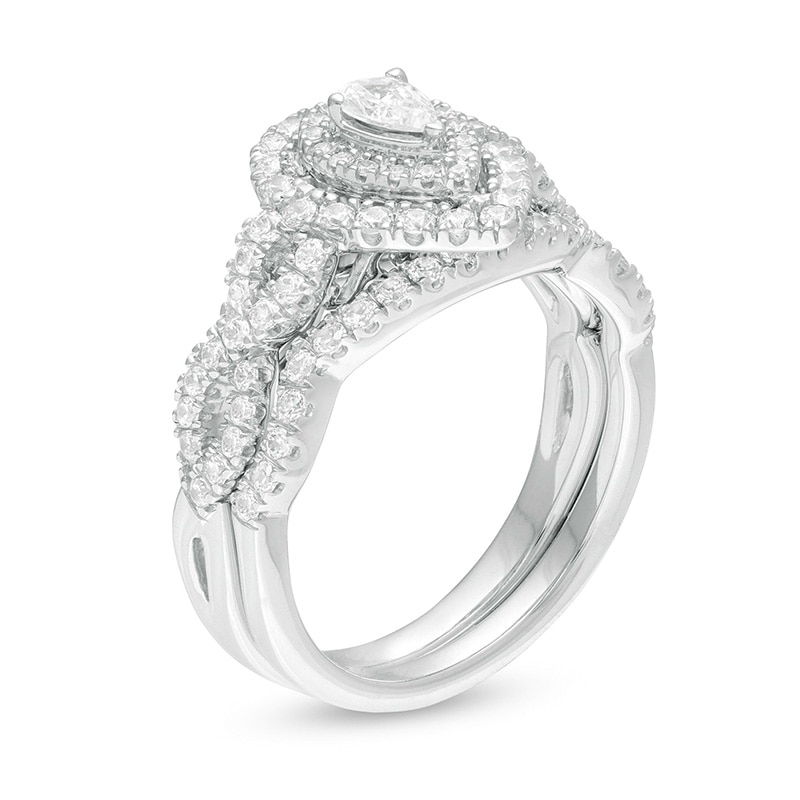 Main Image 3 of Previously Owned - 1 CT. T.W. Pear-Shaped Diamond Double Frame Twist Shank Bridal Set in 14K White Gold