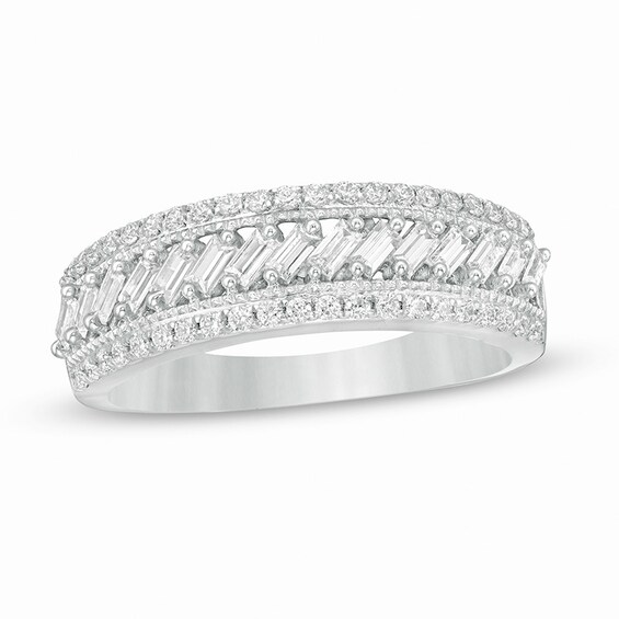 Previously Owned - 1/2 CT. T.w. Baguette and Round Diamond Slant Multi-Row Band in 14K White Gold