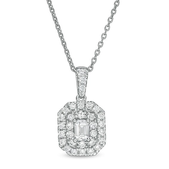 Previously Owned - 1/2 CT. T.w. Emerald-Cut Lab-Grown Diamond Octagonal Double Frame Pendant in 14K White Gold