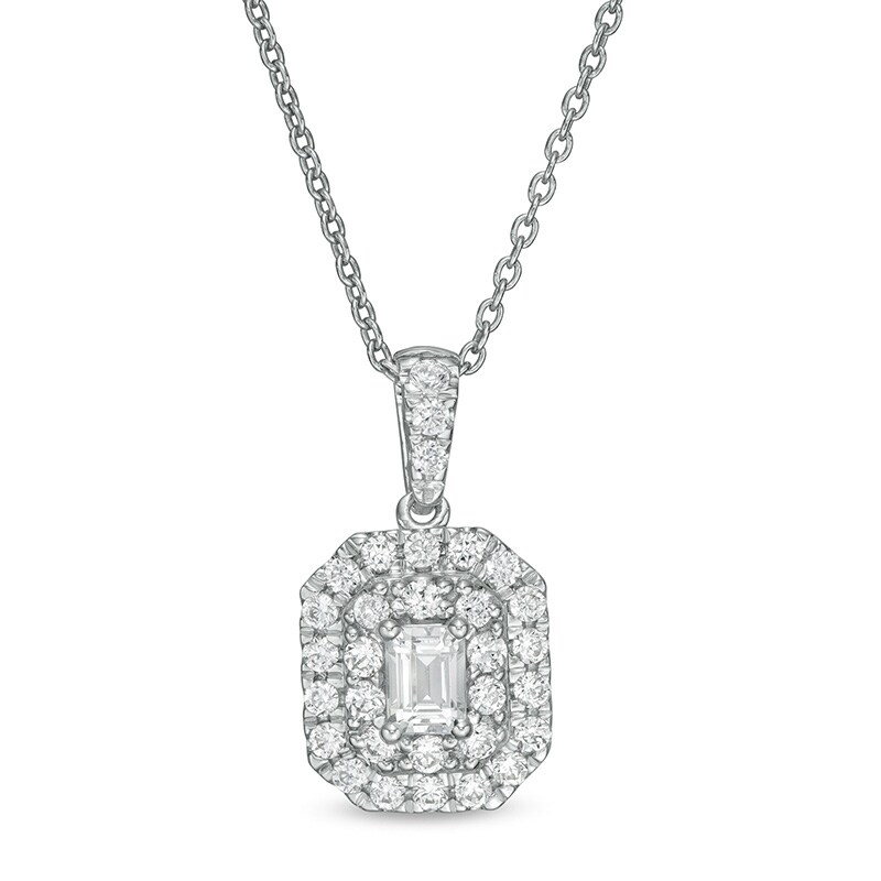 Main Image 1 of Previously Owned - 1/2 CT. T.W.  Emerald-Cut Lab-Grown Diamond Octagonal Double Frame Pendant in 14K White Gold