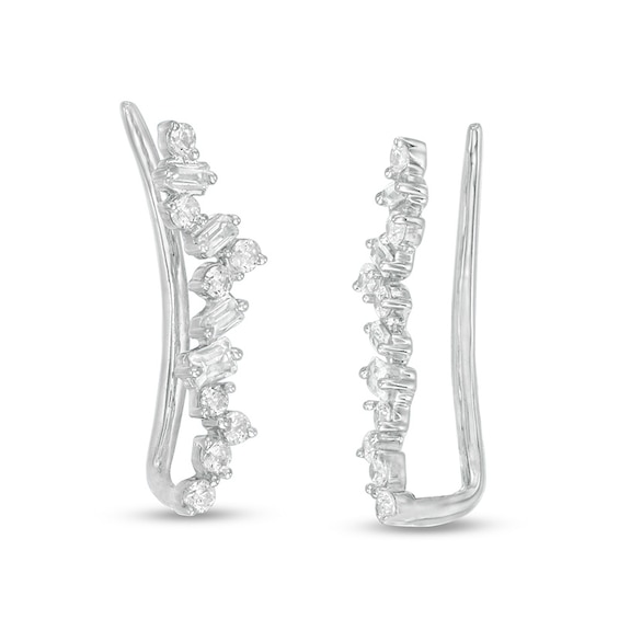 Previously Owned - 1/4 CT. T.w. Baguette and Round Diamond Crawler Earrings in 10K White Gold