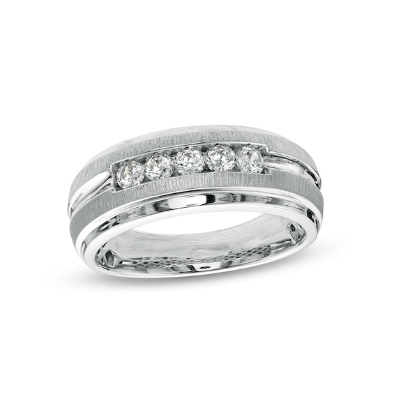 Previously Owned - Men's 1/2 CT. T.w. Diamond Five Stone Bevelled Edge Wedding Band in 10K White Gold