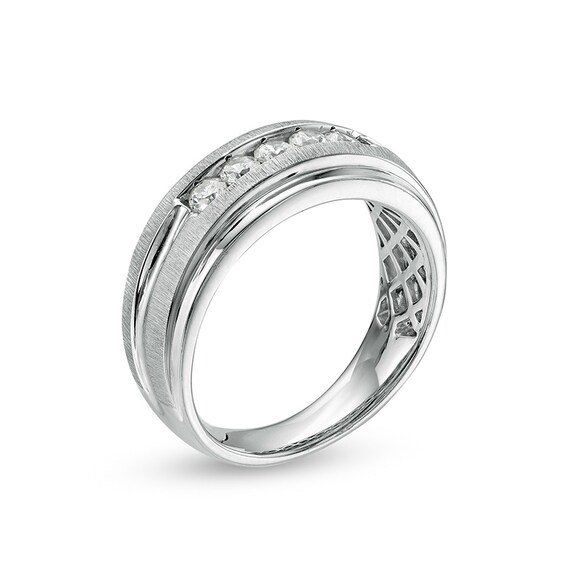 Previously Owned - Men's 1/2 CT. T.w. Diamond Five Stone Bevelled Edge Wedding Band in 10K White Gold