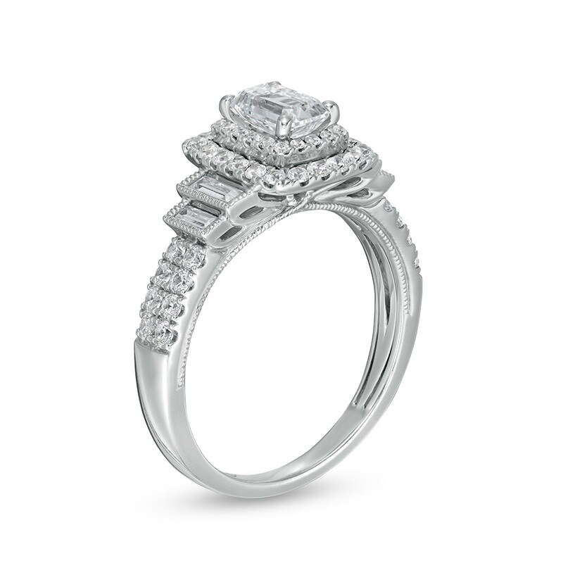 Main Image 3 of Previously Owned - 1-1/5 CT. T.W. Emerald-Cut Diamond Frame Vintage-Style Tiered Shank Engagement Ring in 14K White Gold